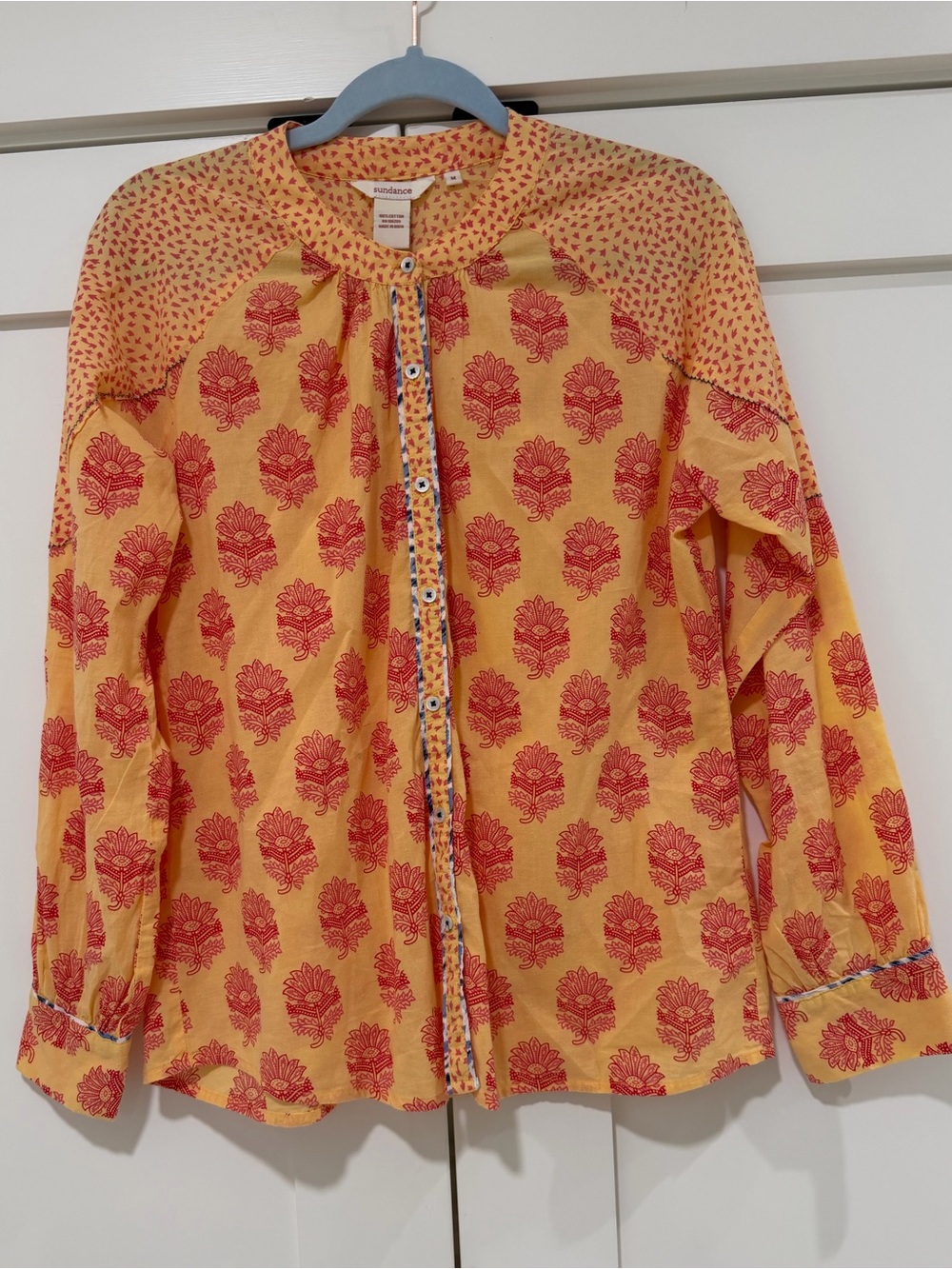 Sundance Women’s Medium Yellow Red Floral Boho Button Front Blouse Cotton